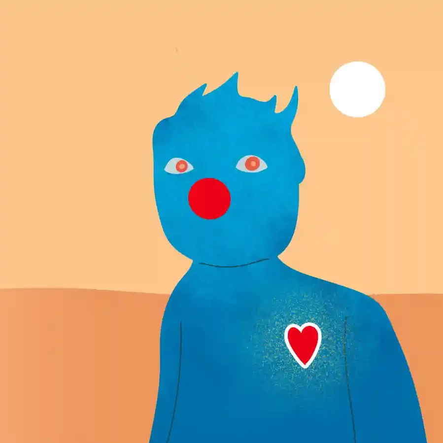 illustration d'une personne en silhoutes bleu avec un nez et un coeur rouge